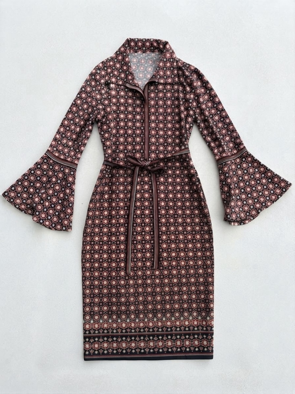 Lark & Ro Retro geometric bell sleeve midi shirt dress Medium